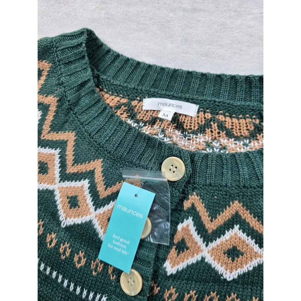 Maurices Fair Isle‎ Cardigan Sweater Womens Medium Green Geometric Knit NEW